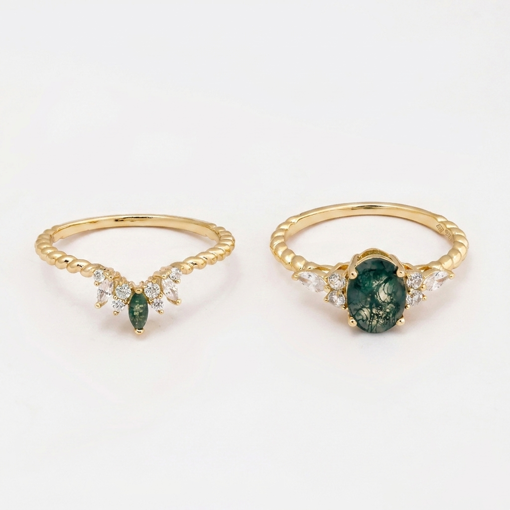 Round Moss Agate Twist Ring Set