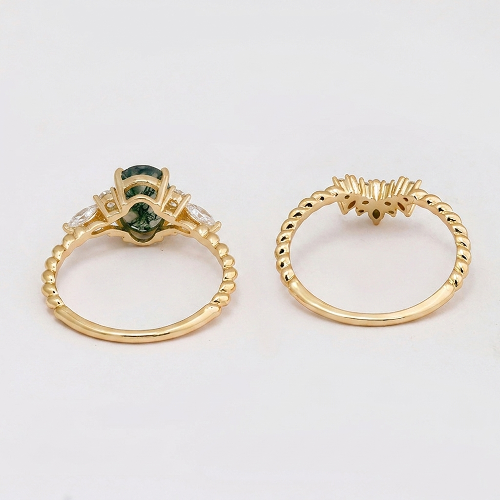 Round Moss Agate Twist Ring Set