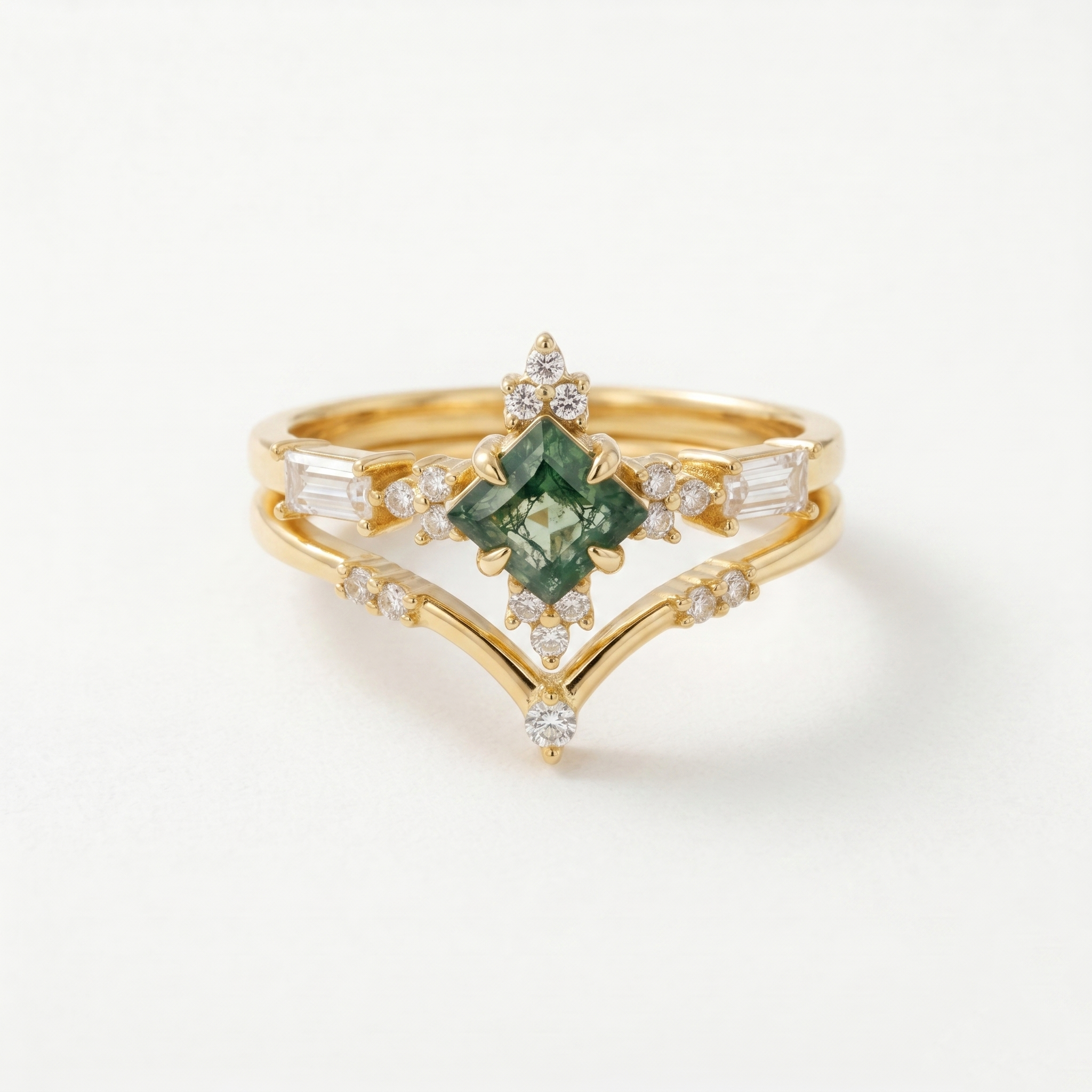 Conjunto de anillos apilables de ágata musgosa con corte cuadrado