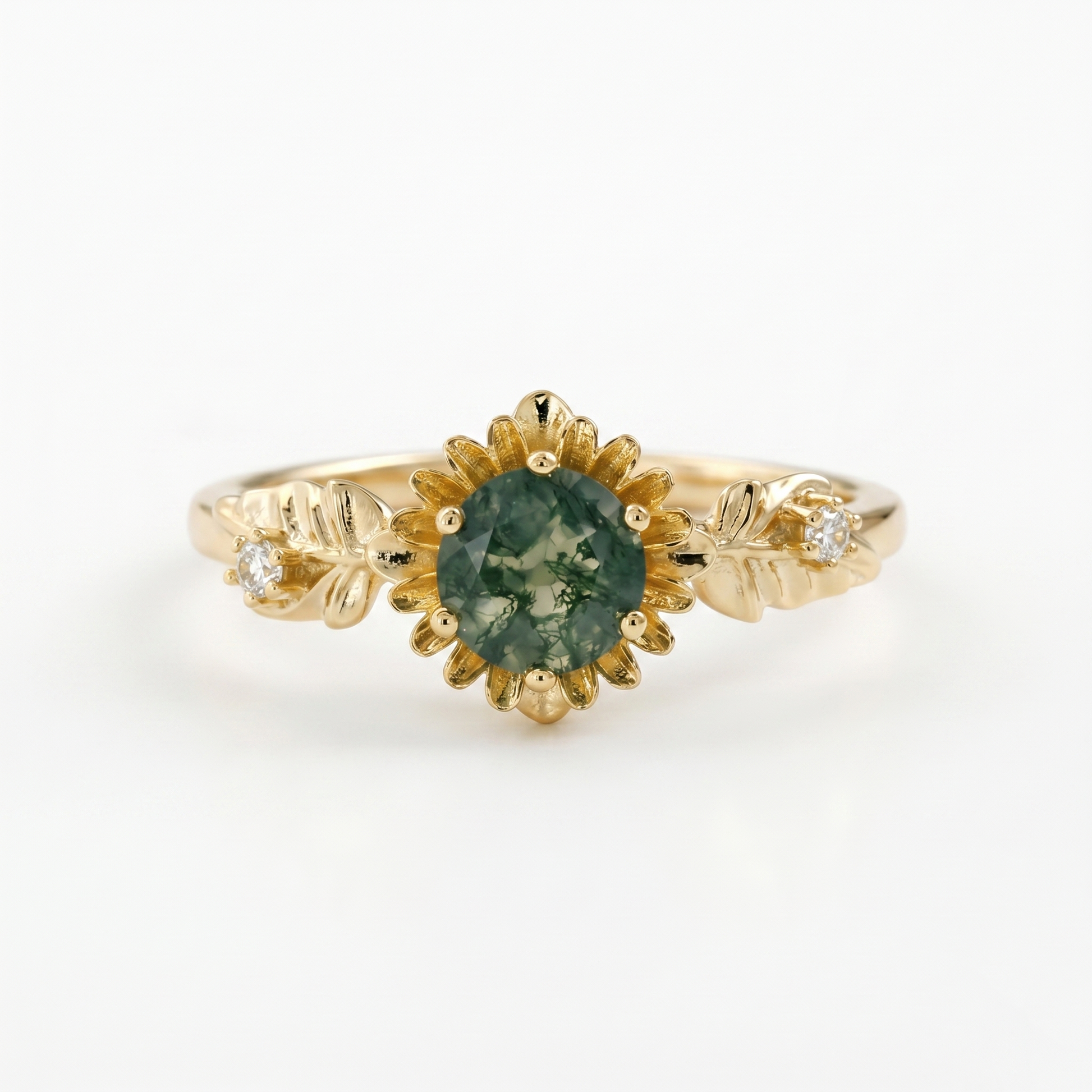 Anillo redondo de ágata musgosa con flor de girasol tallada