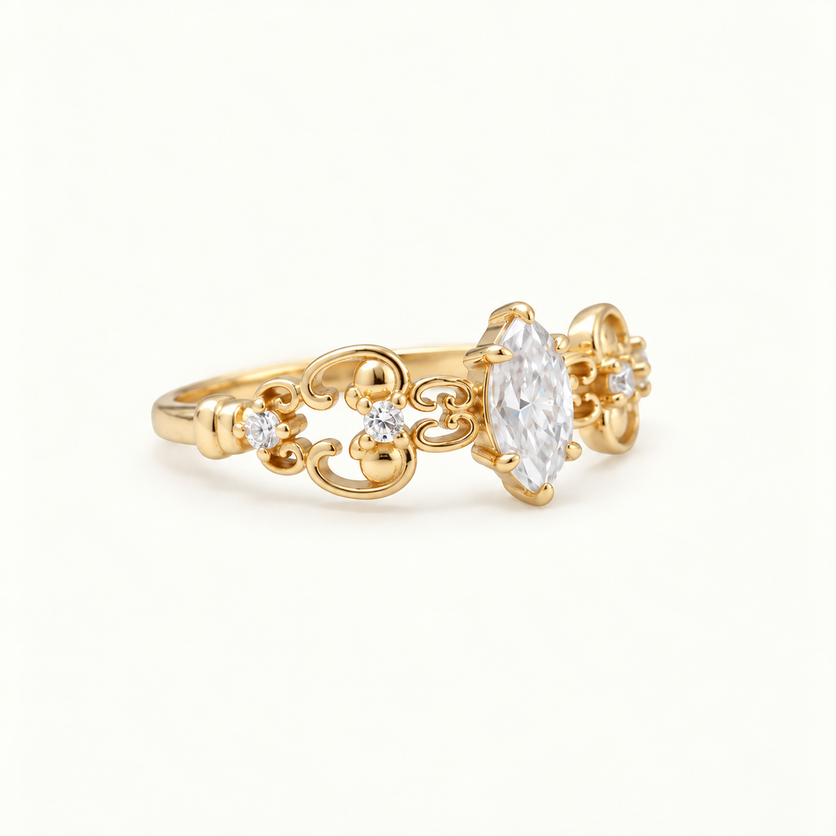 Vintage Marquise Moissanite Floral Scroll Ring
