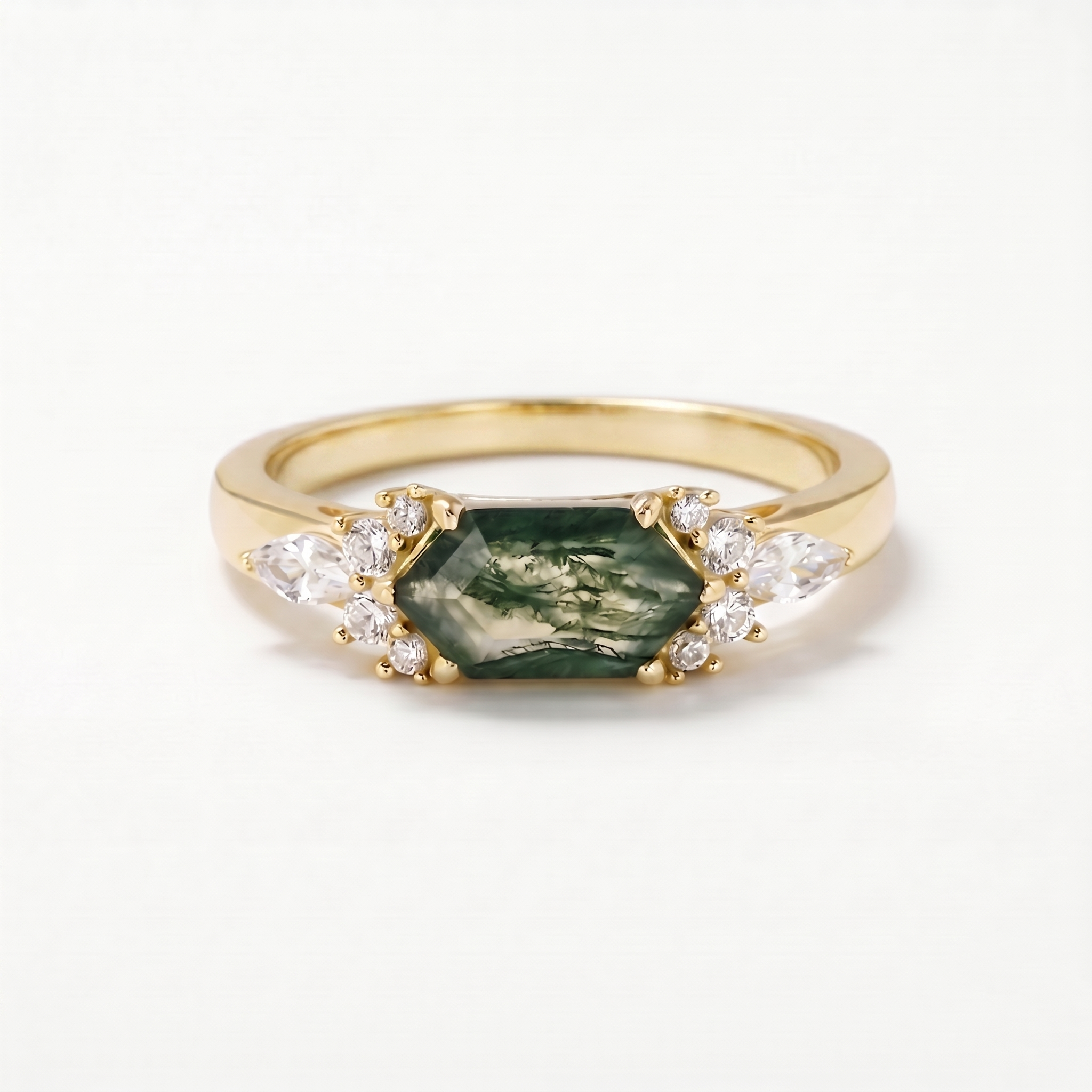 Verdant Hex Moss Agate Ring – Solid Gold