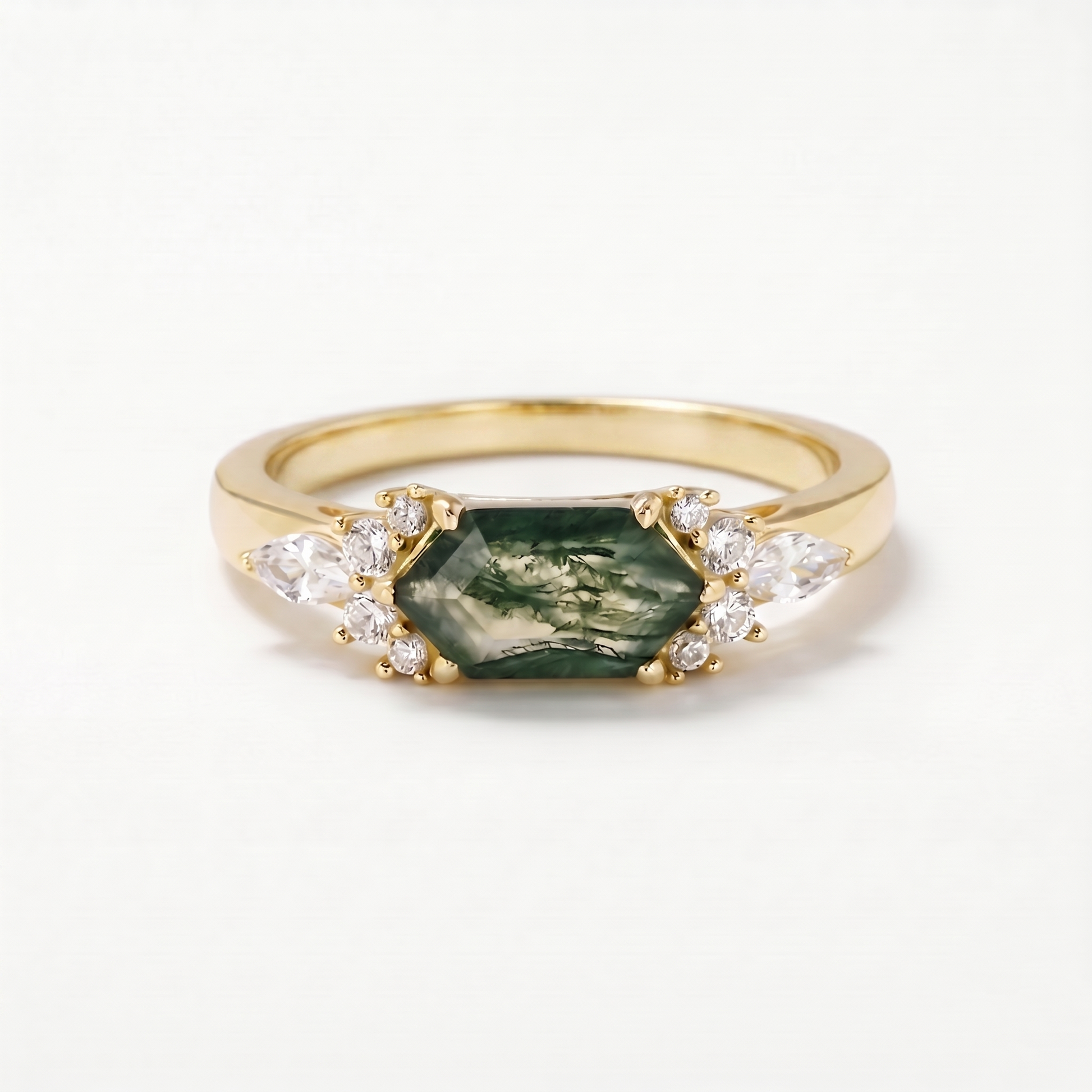 Verdant Hex Moss Agate Ring – Solid Gold