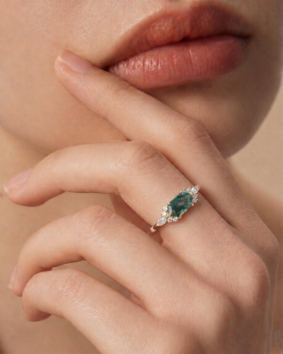 Verdant Hex Moss Agate Ring