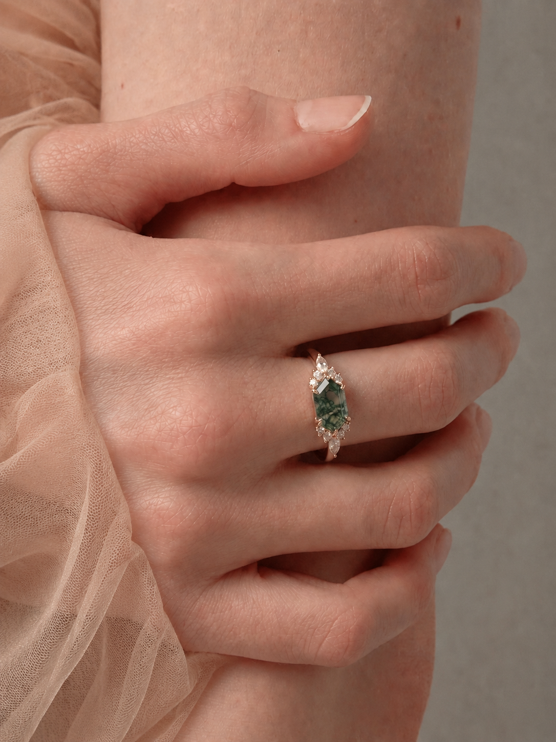 Verdant Hex Moss Agate Ring