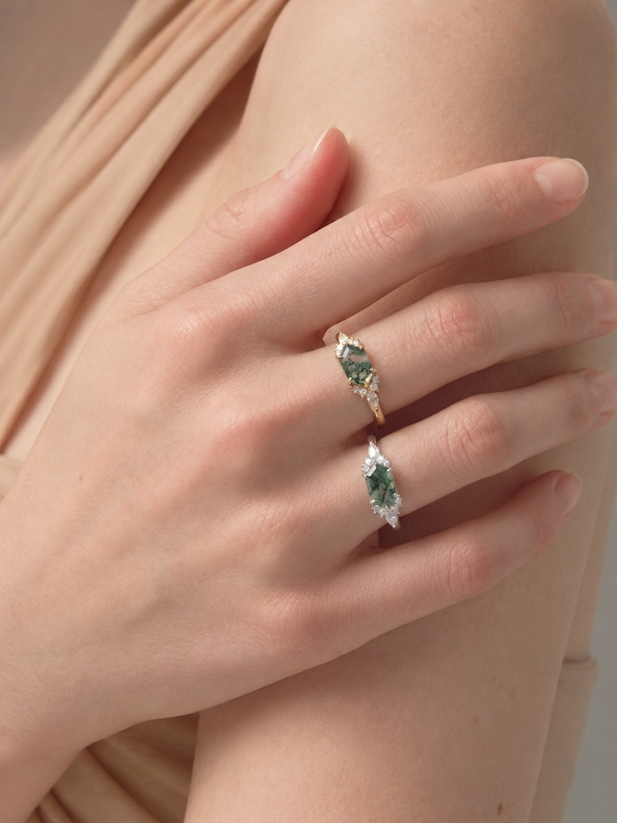 Verdant Hex Moss Agate Ring