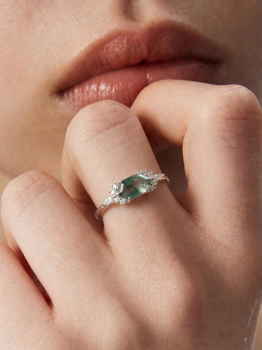 Verdant Hex Moss Agate Ring