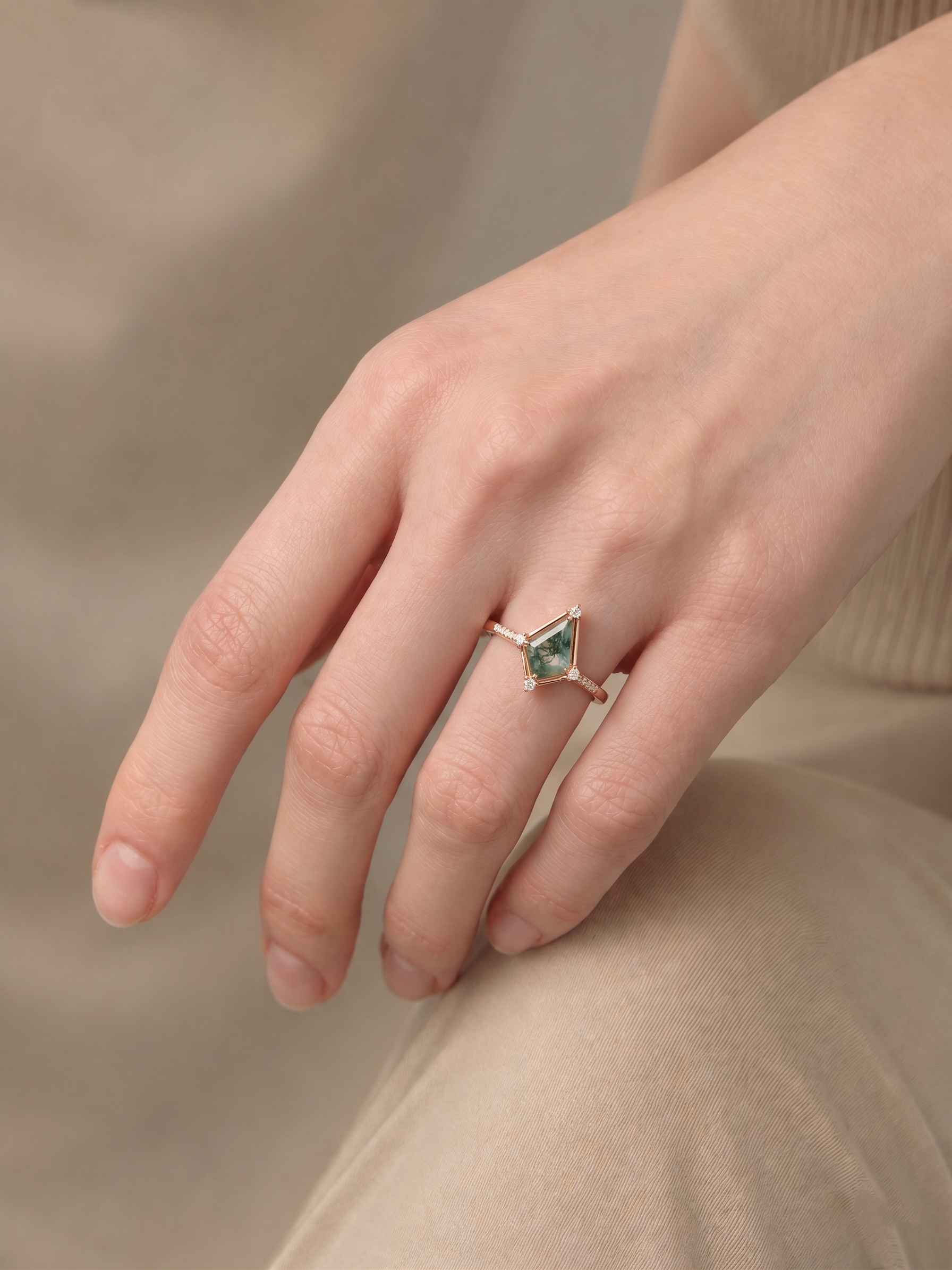 Verdant Kite-Cut Moss Agate Ring
