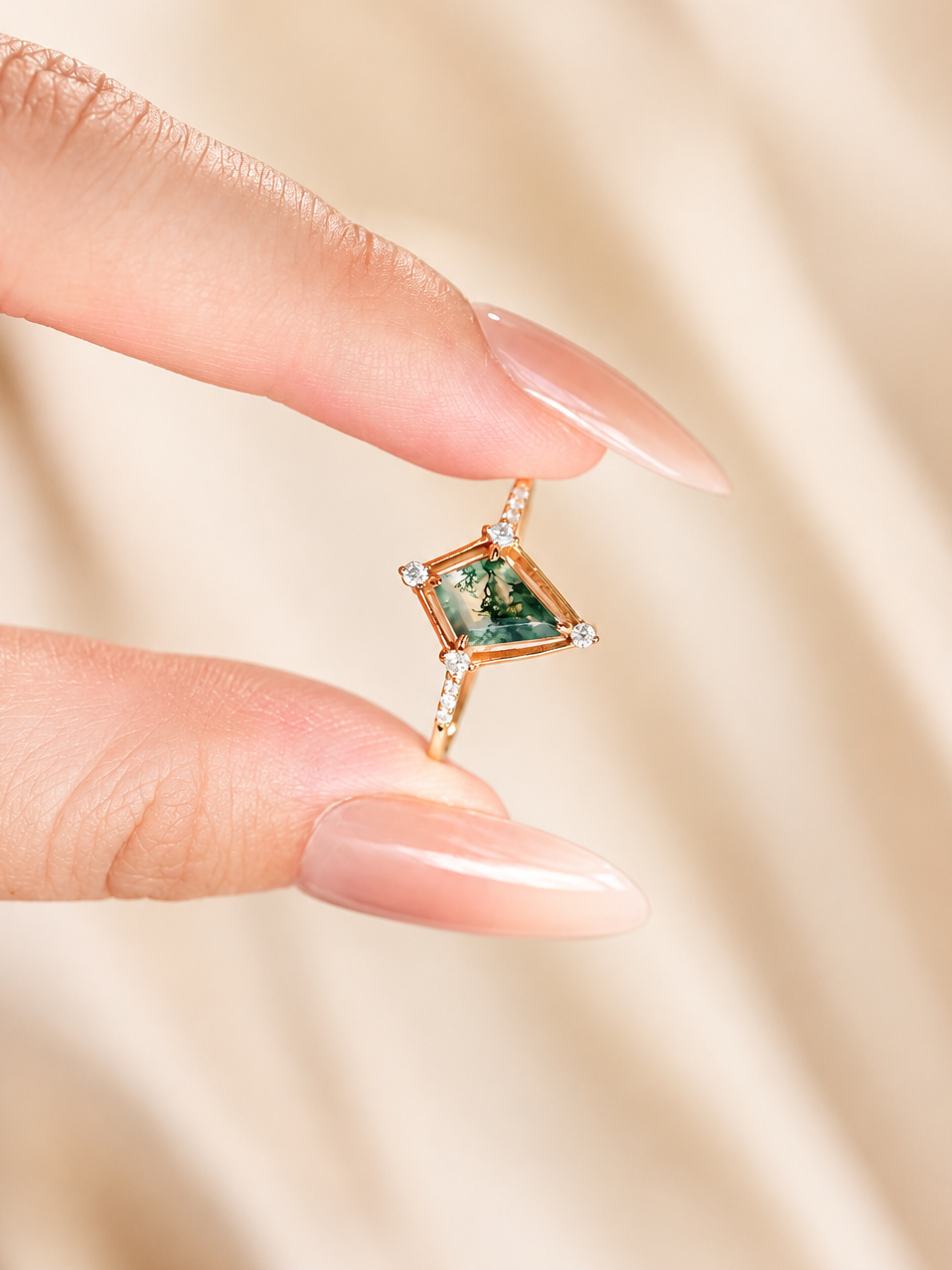 Verdant Kite-Cut Moss Agate Ring
