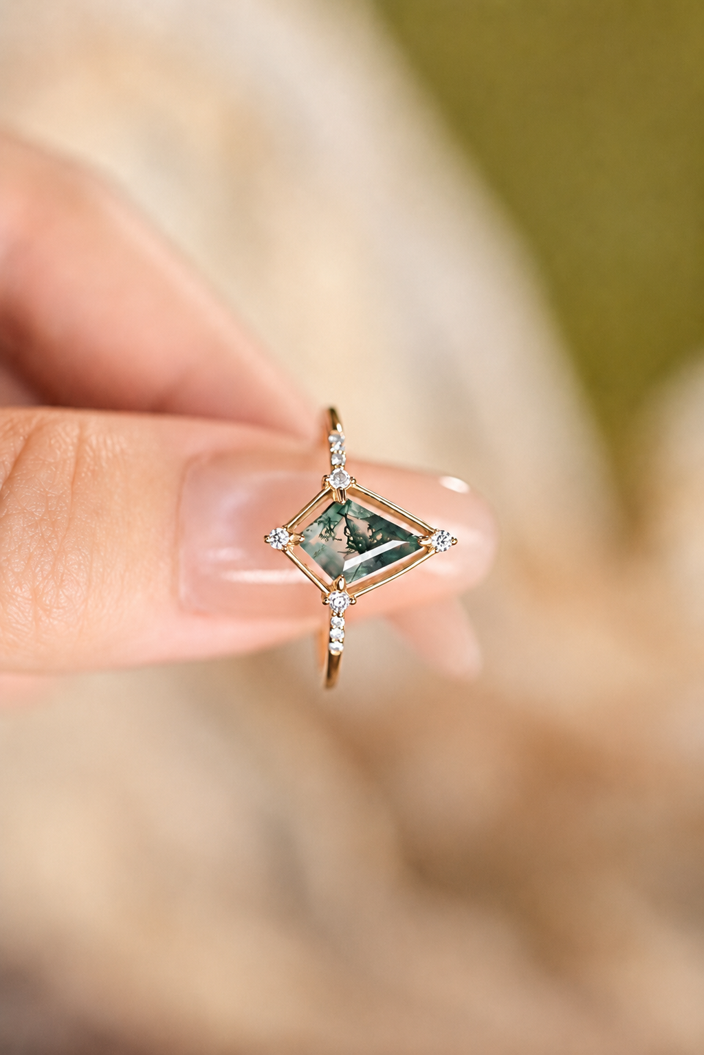 Verdant Kite-Cut Moss Agate Ring