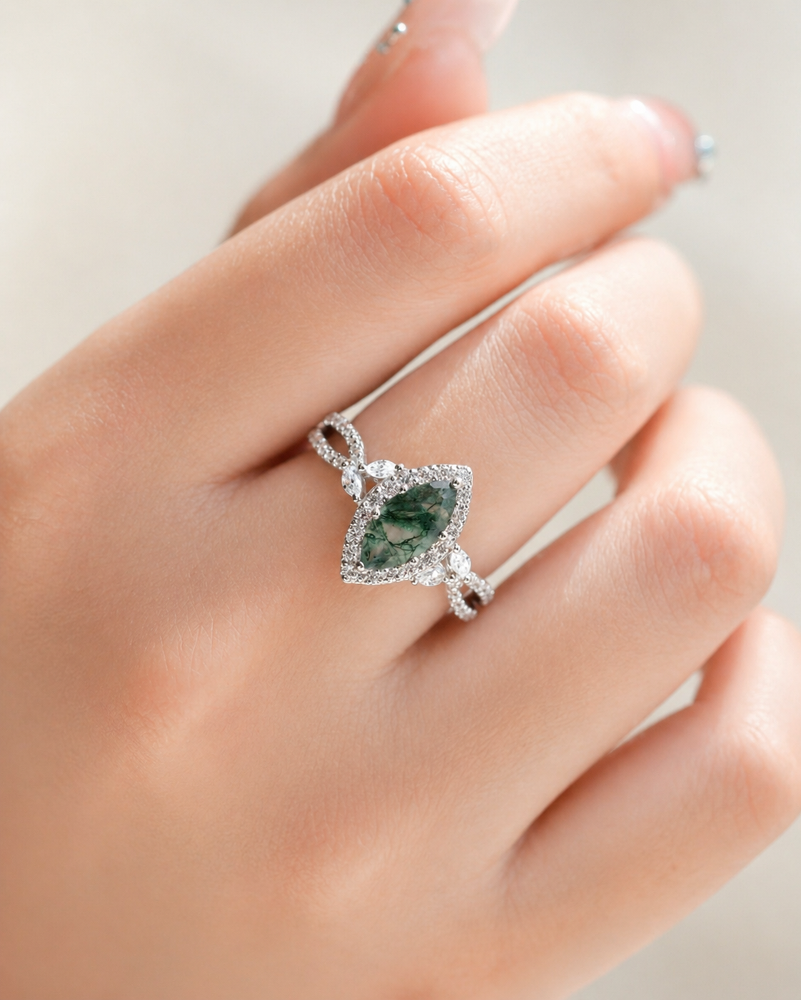 Verdant Marquise Moss Agate Ring