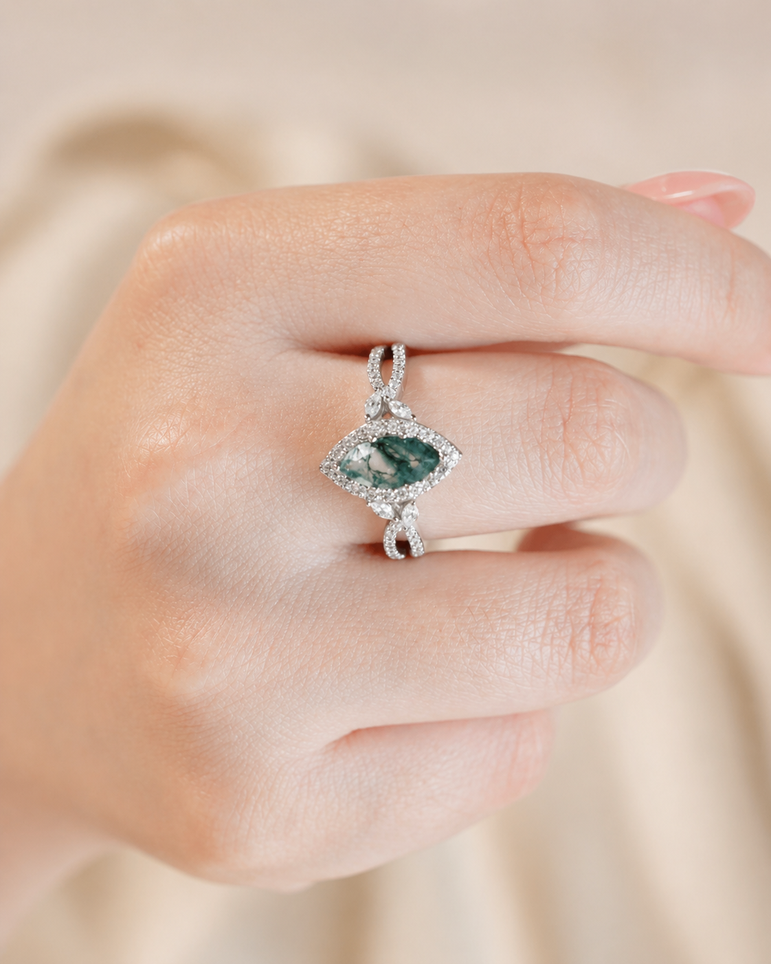 Verdant Marquise Moss Agate Ring