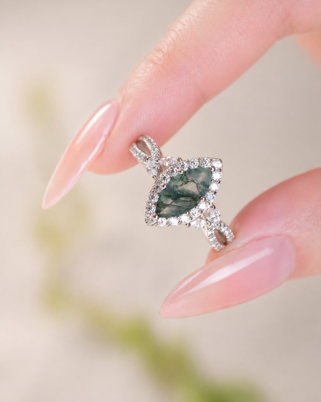 Verdant Marquise Moss Agate Ring