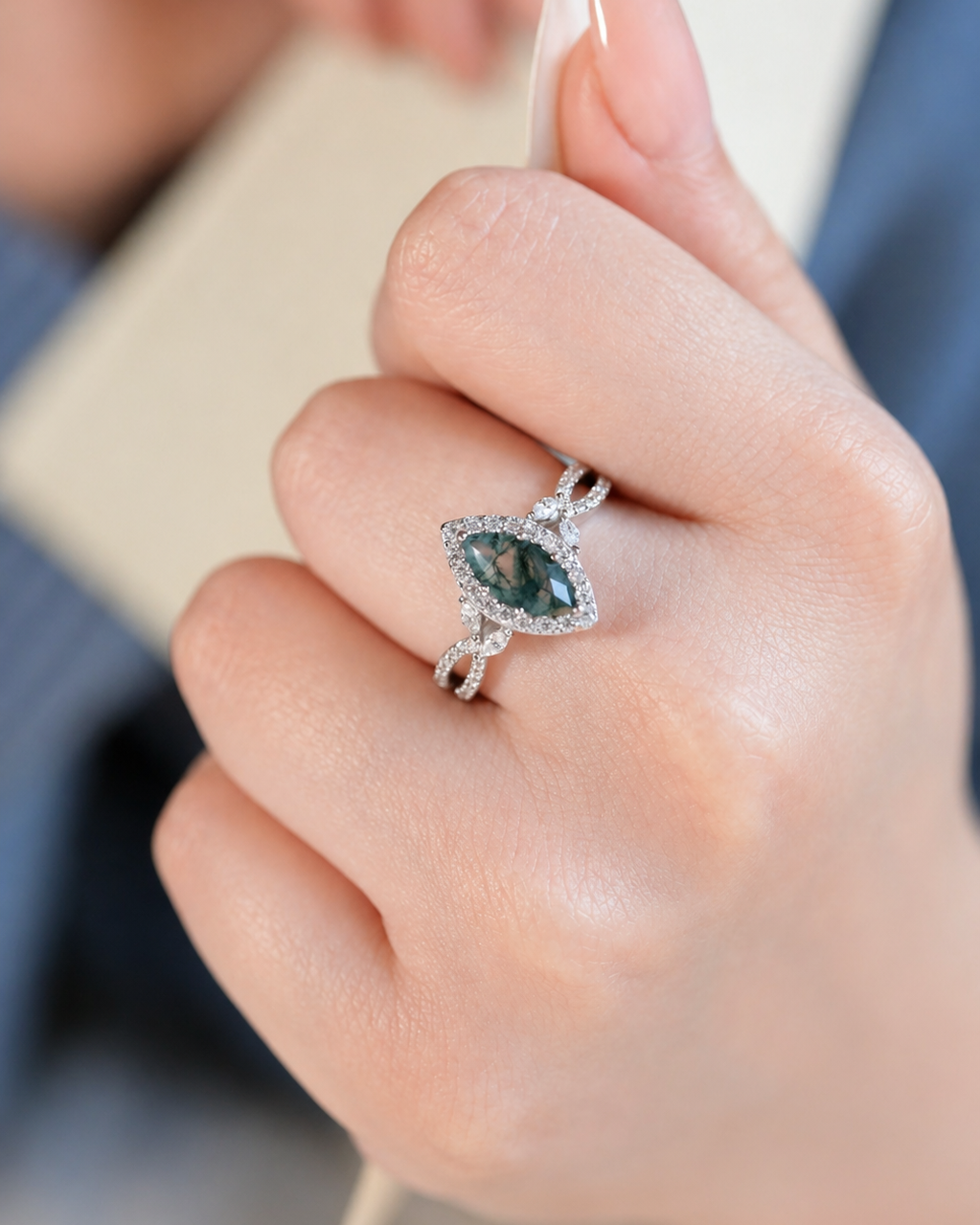 Verdant Marquise Moss Agate Ring