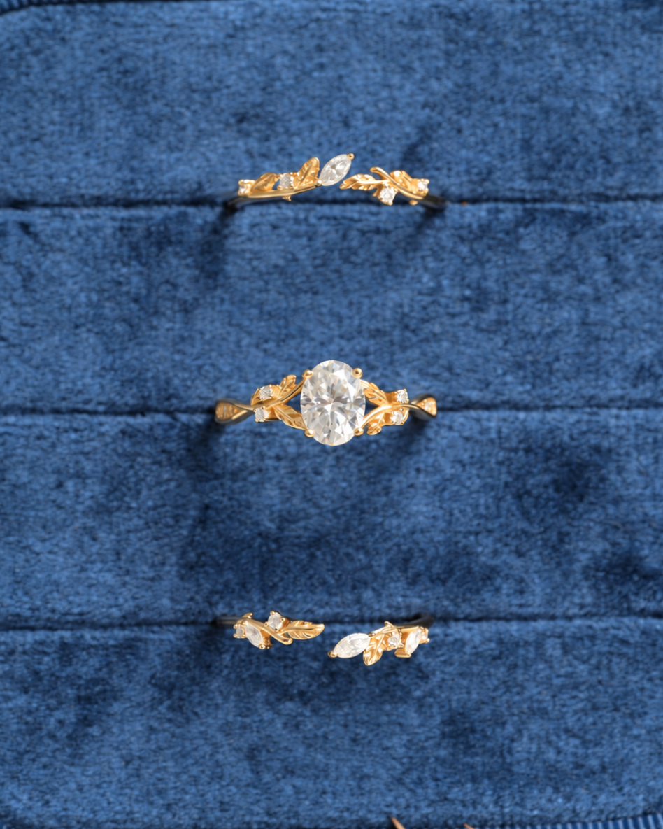 Ensemble de bagues avec couronne botanique en moissanite taille ovale vintage