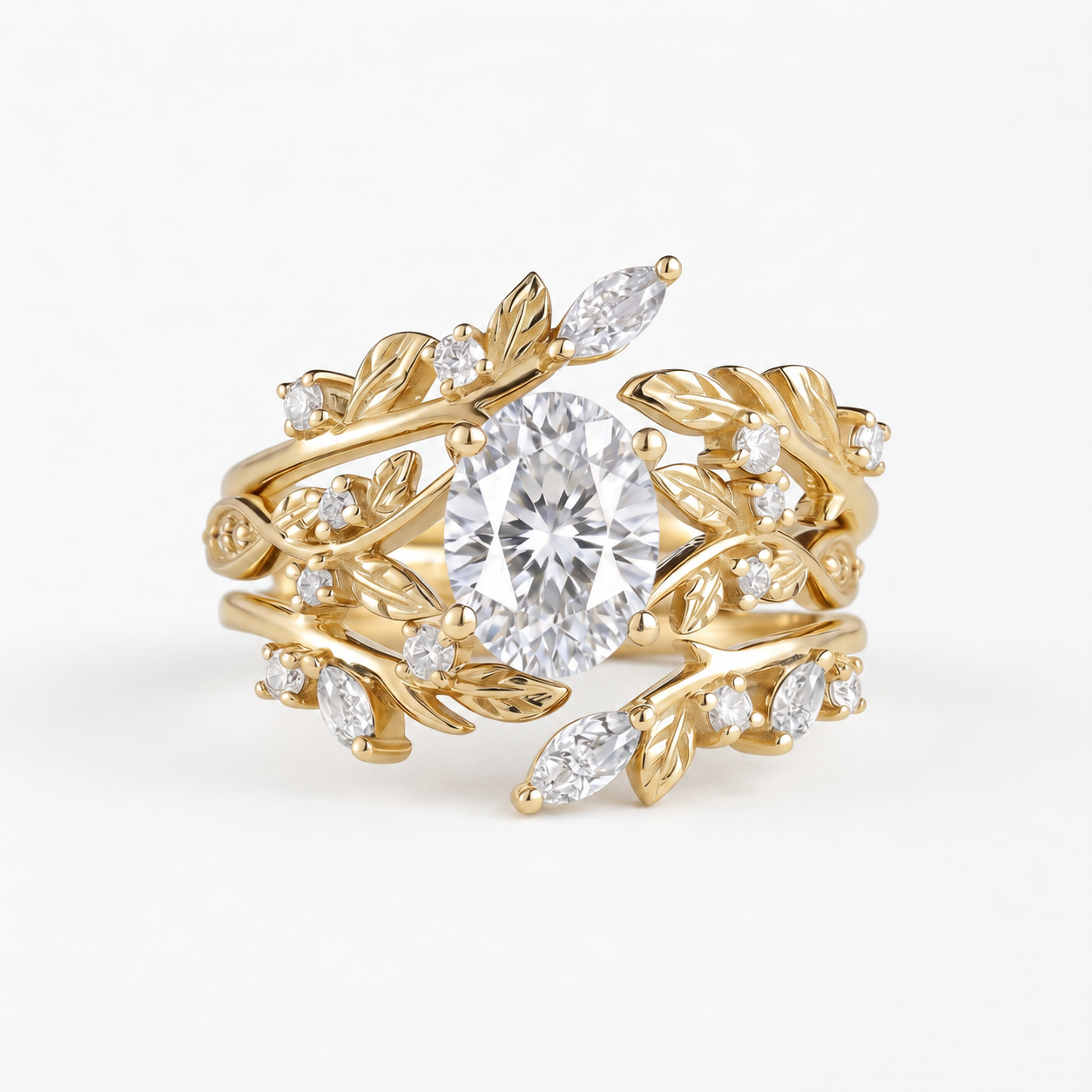Vintage Oval-Cut Moissanite Botanical Crown Ring Set