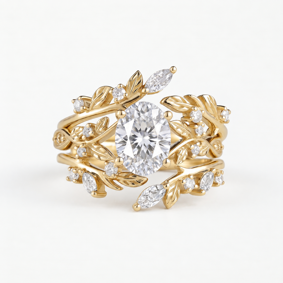 Ensemble de bagues avec couronne botanique en moissanite taille ovale vintage