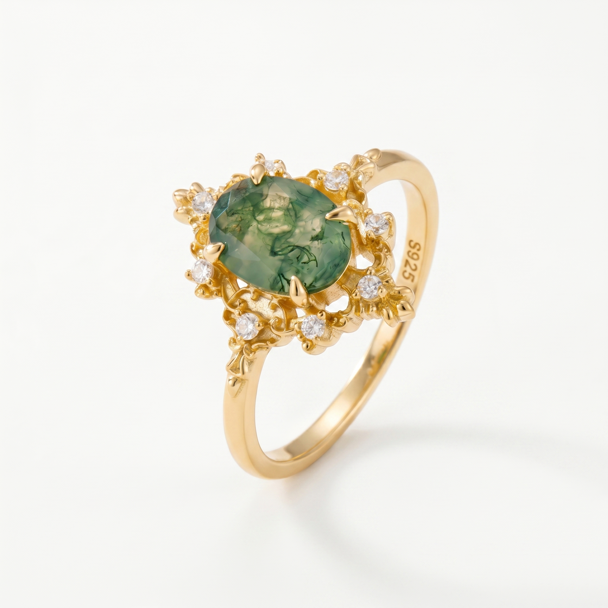 Vintage oval geschliffener Moosachat-Kronenring