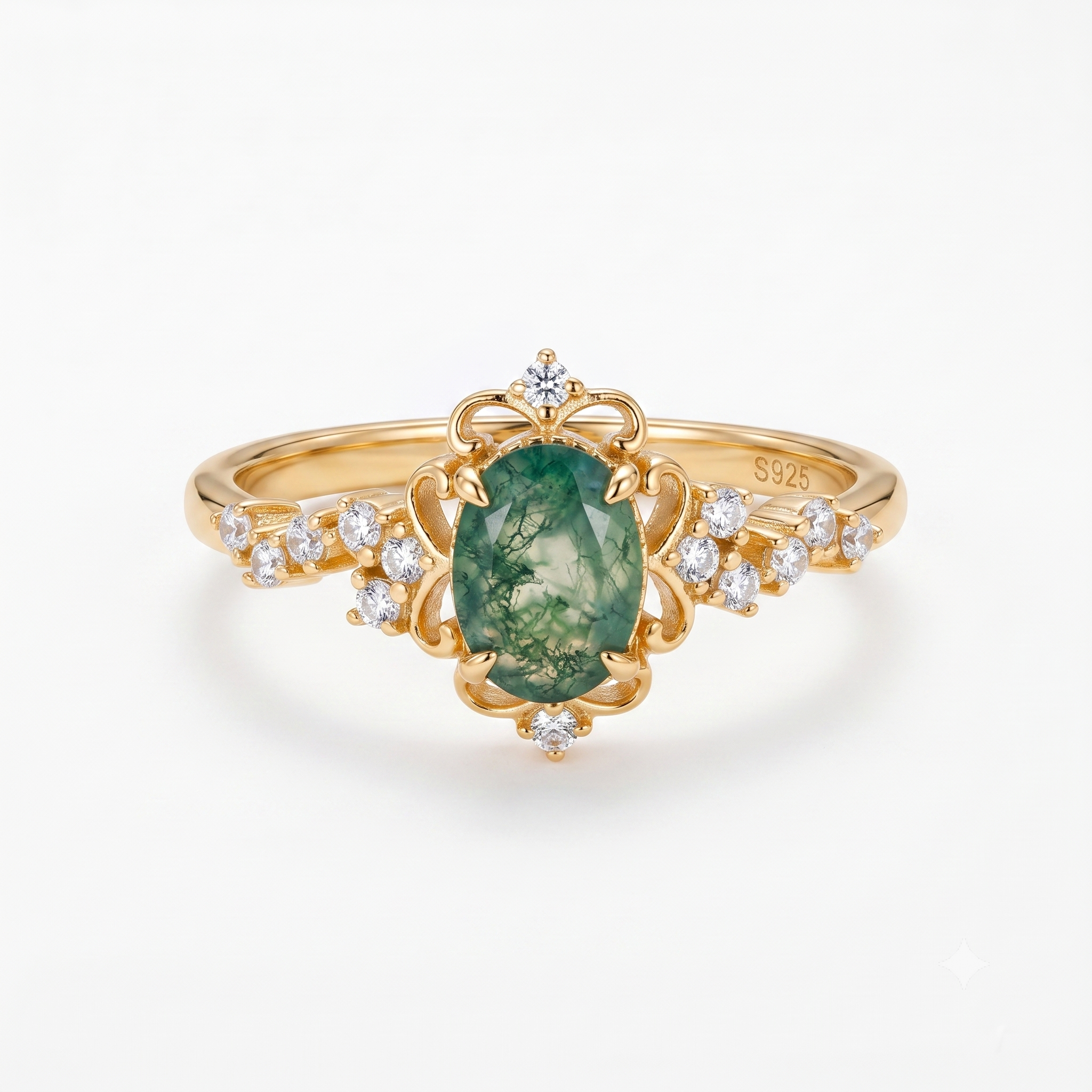 Vintage Oval Moss Agate Crown Ring