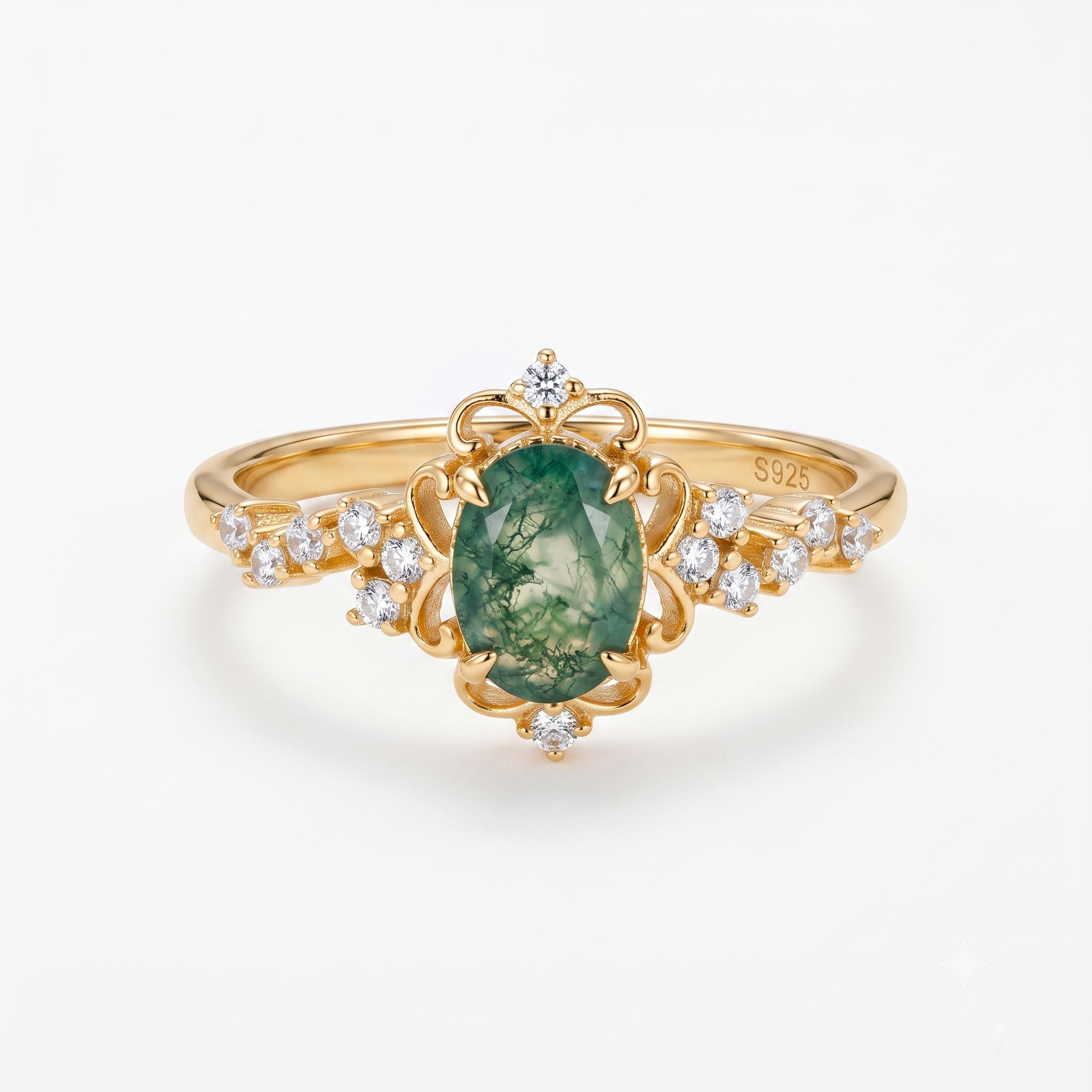 Vintage Oval Moss Agate Crown Ring