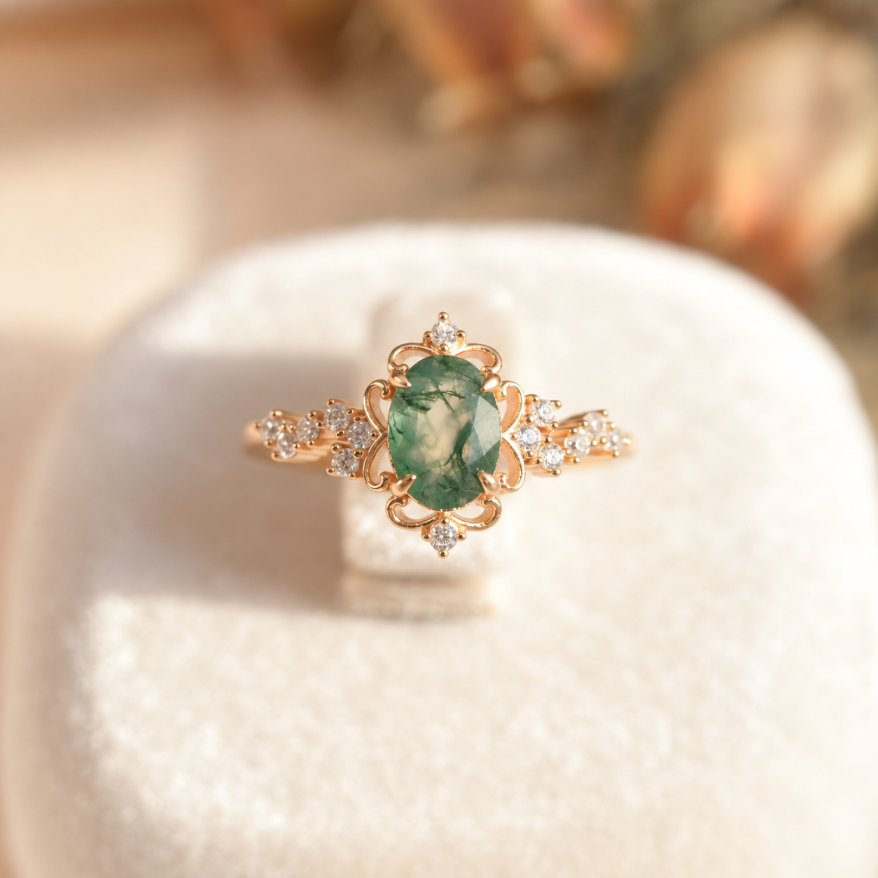 Anillo Vintage de Ágata Musgosa Ovalada con Corona