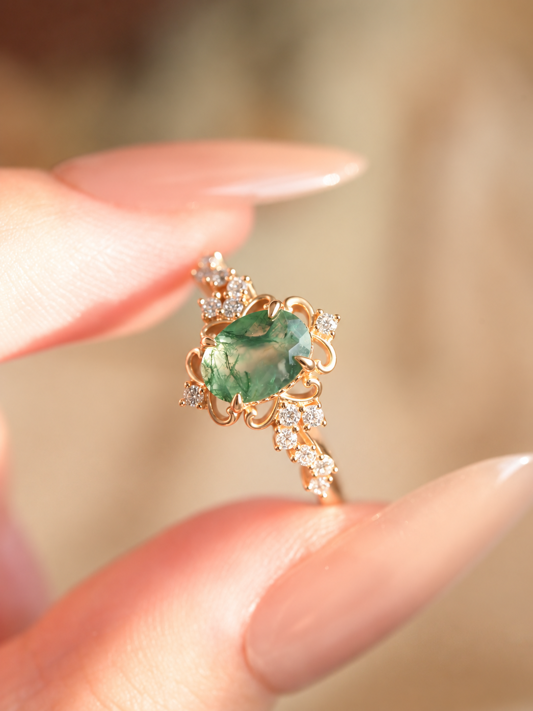 Vintage Oval Moss Agate Crown Ring