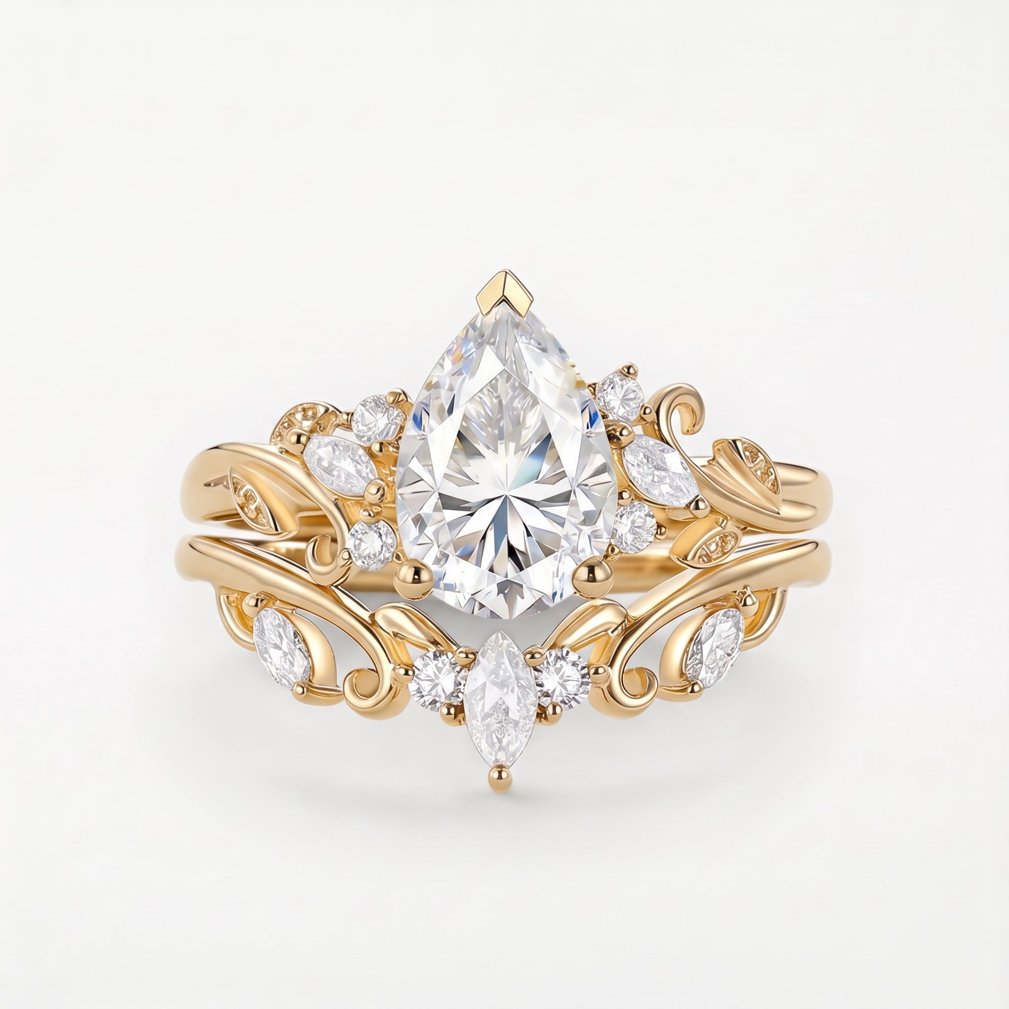 Vintage Pear-Cut Moissanite Tiara Ring Set