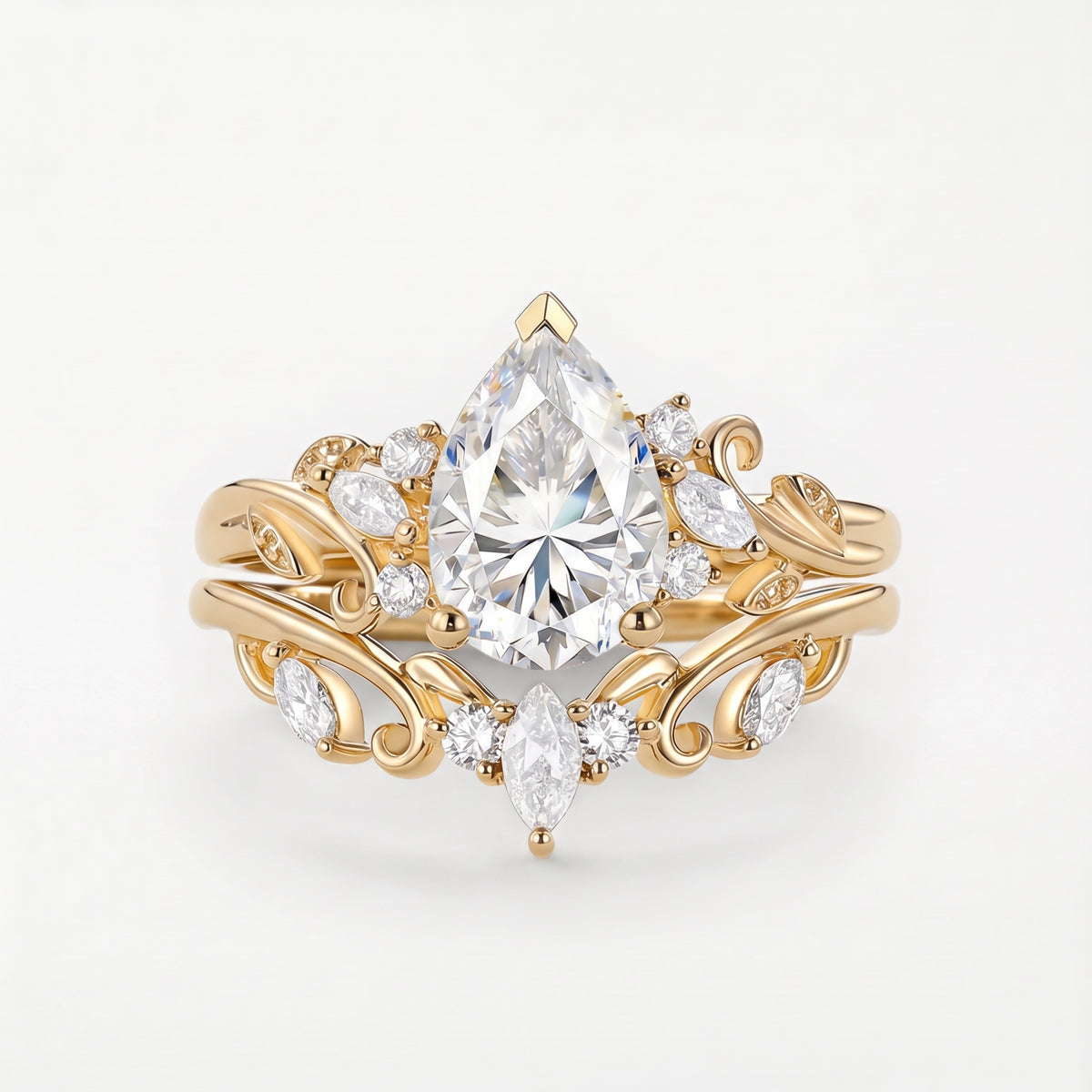 Vintage Pear-Cut Moissanite Tiara Ring Set