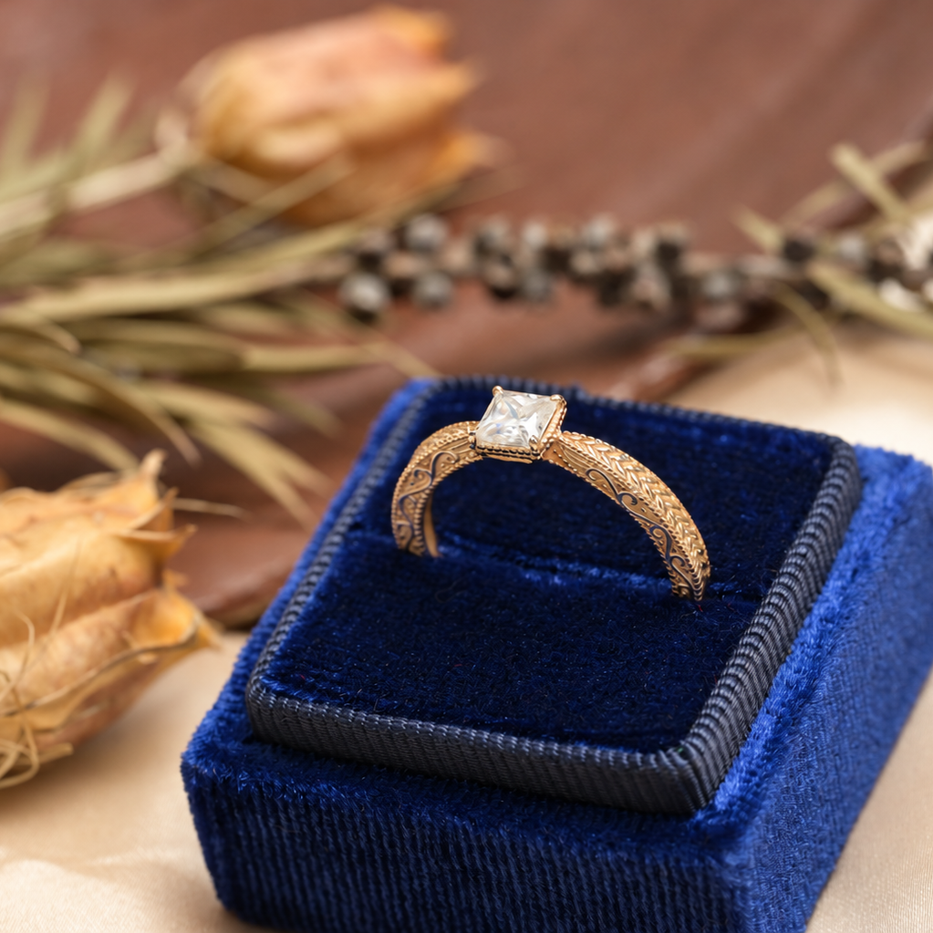 Vintage Princess-Cut Moissanite Milgrain Ring