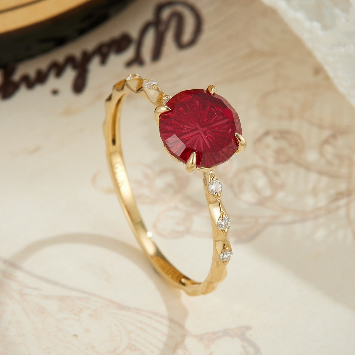 Vintage Starburst Lab-Grown Ruby Botanical Ring