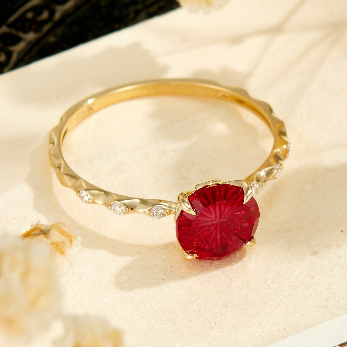 Vintage Starburst Lab-Grown Ruby Botanical Ring