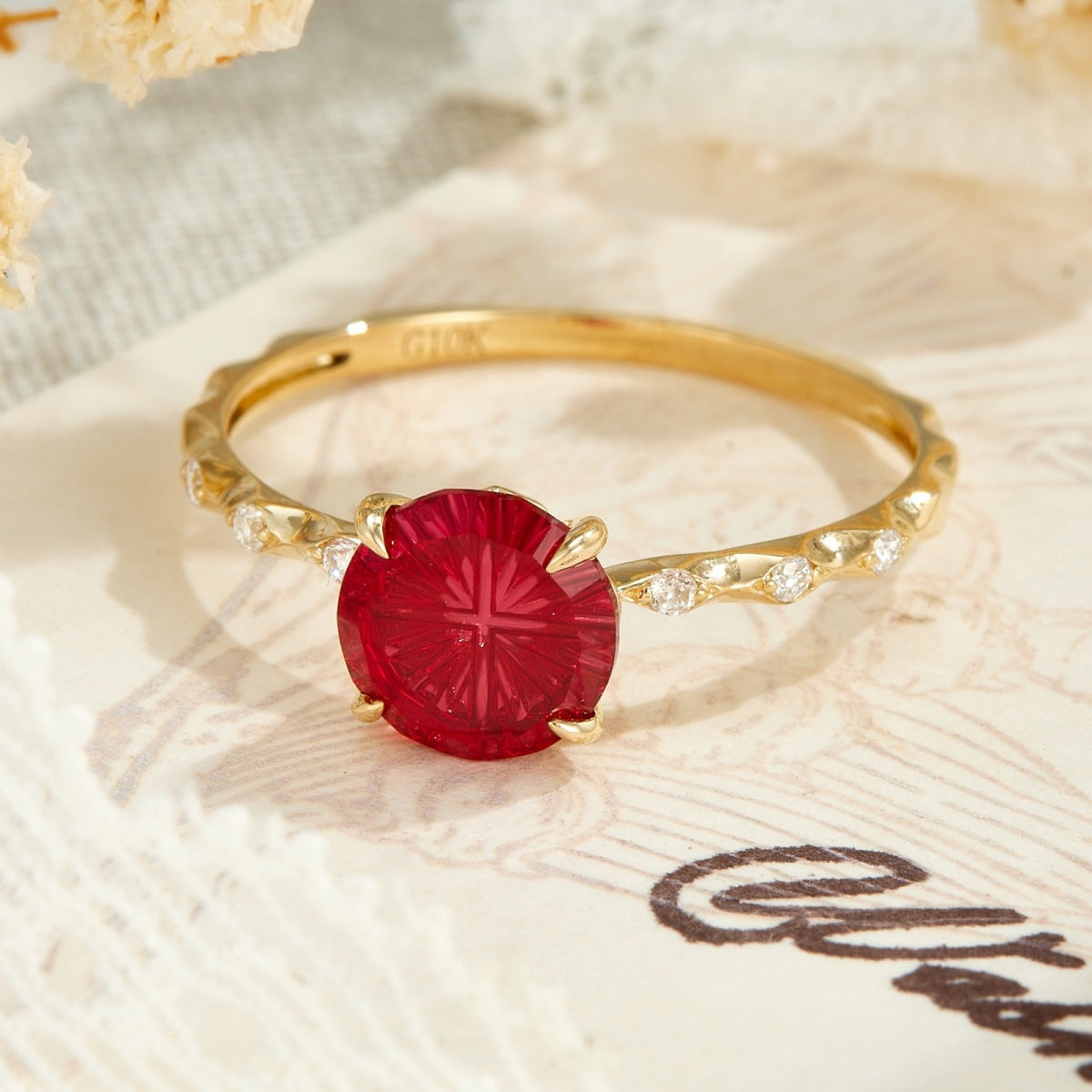 Vintage Starburst Lab-Grown Ruby Botanical Ring