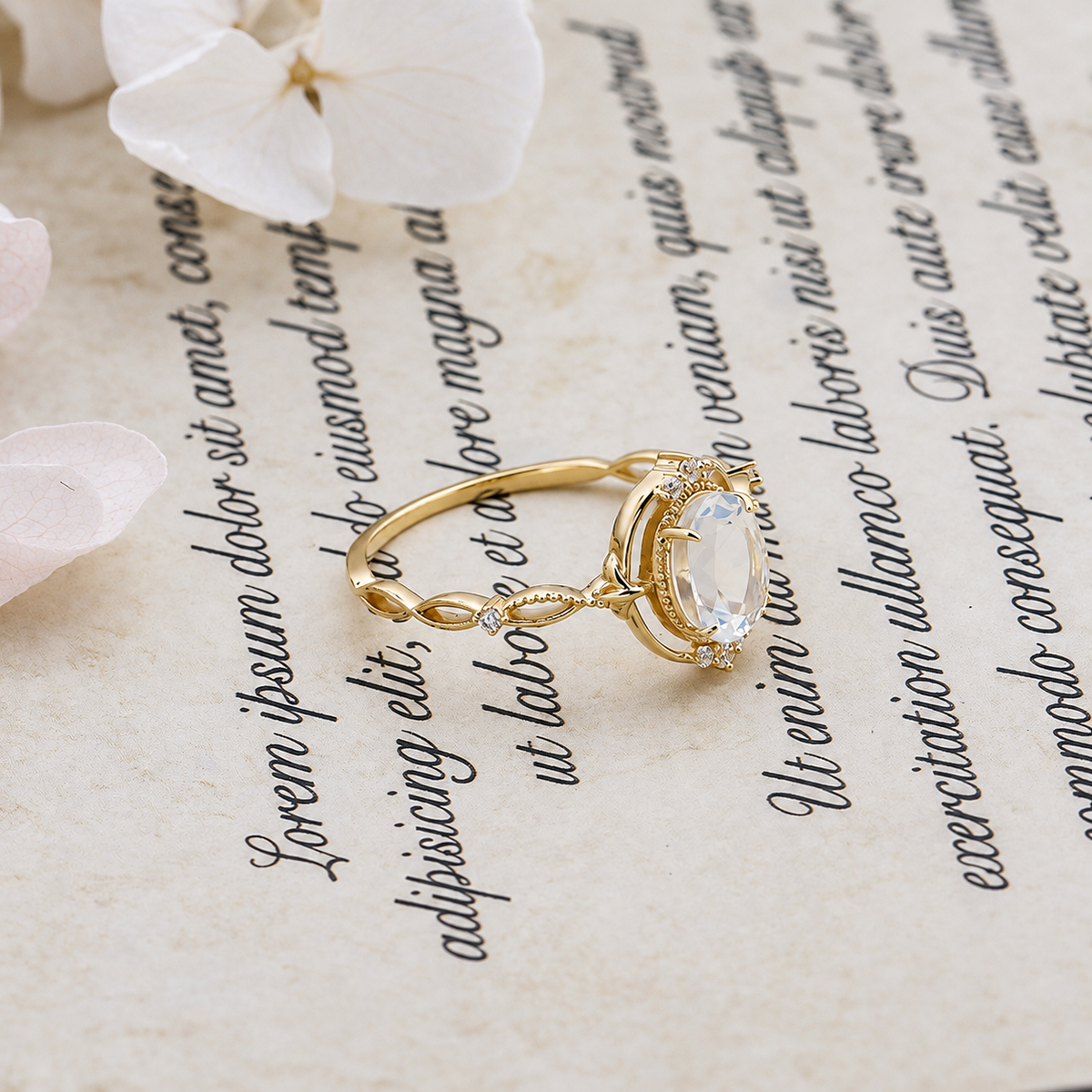 Vintage Oval-Cut Moonstone Botanical Openwork Ring in Solid Gold