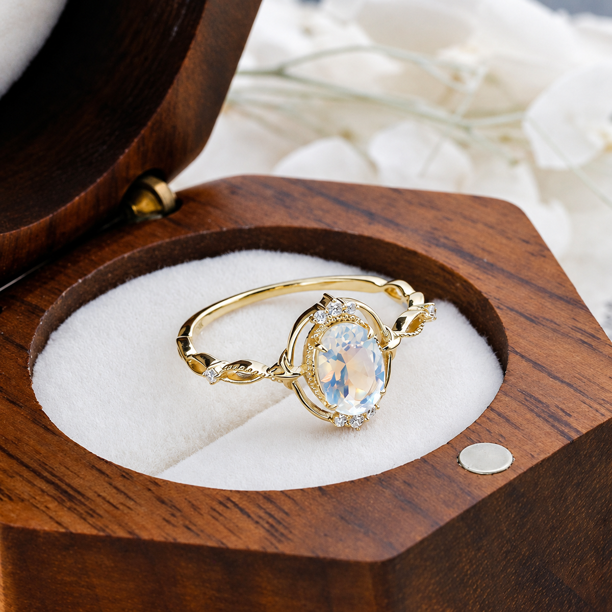Vintage Oval-Cut Moonstone Botanical Openwork Ring in Solid Gold