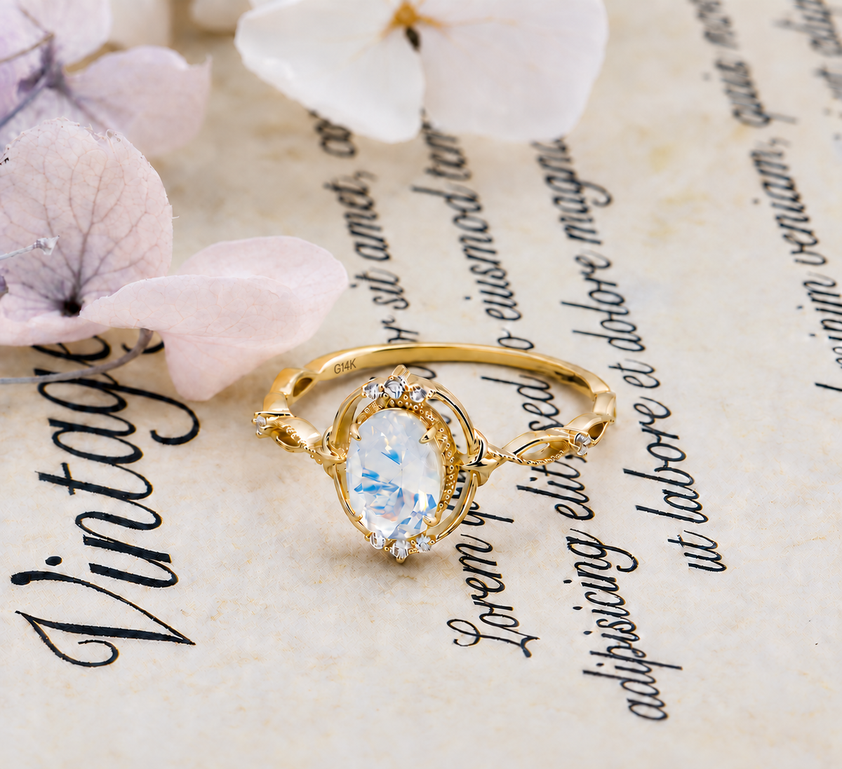 Vintage Oval-Cut Moonstone Botanical Openwork Ring in Solid Gold