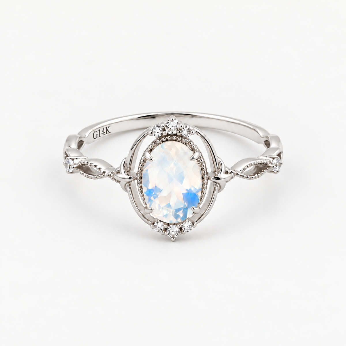 Vintage Oval-Cut Moonstone Botanical Openwork Ring in Solid Gold