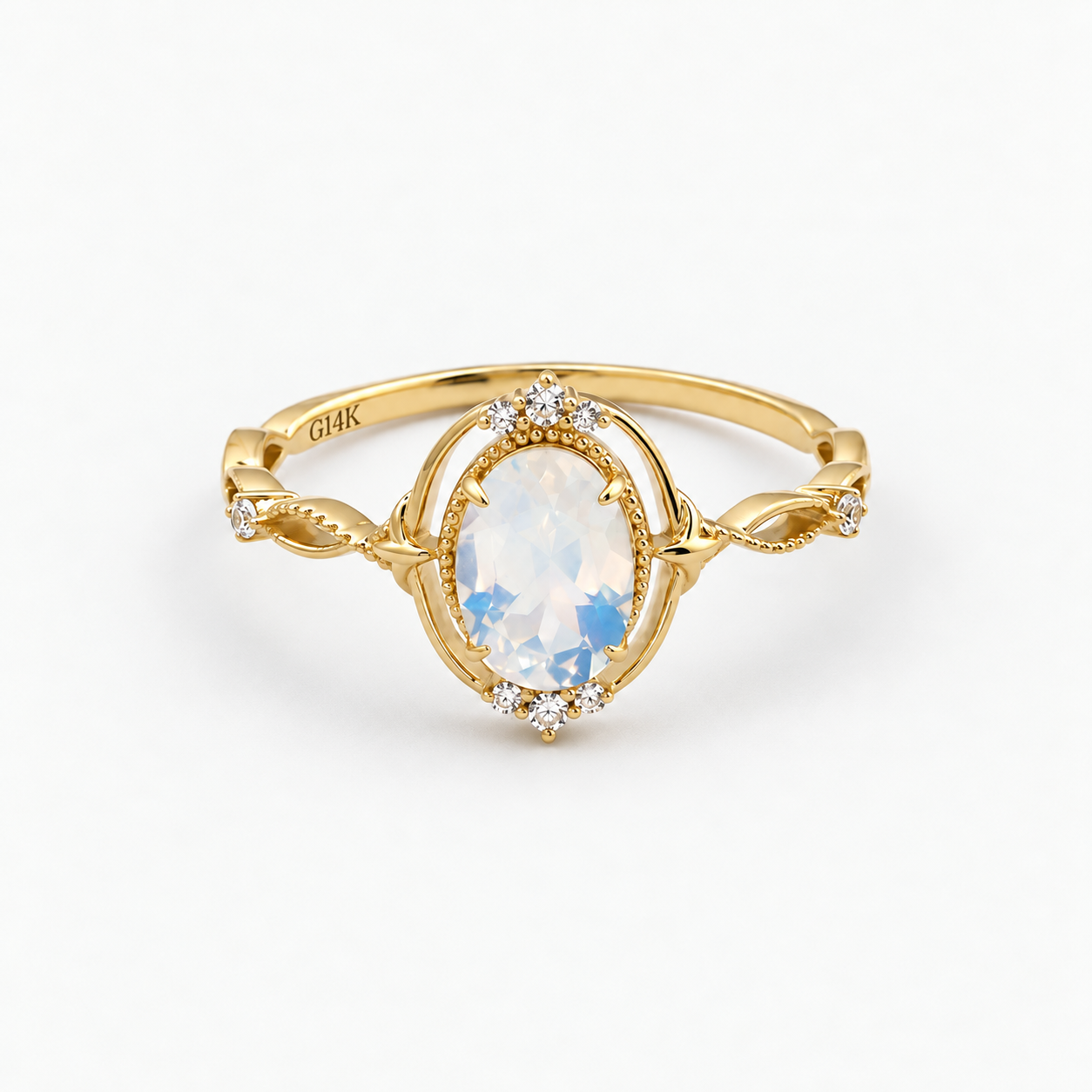 Vintage Oval-Cut Moonstone Botanical Openwork Ring in Solid Gold