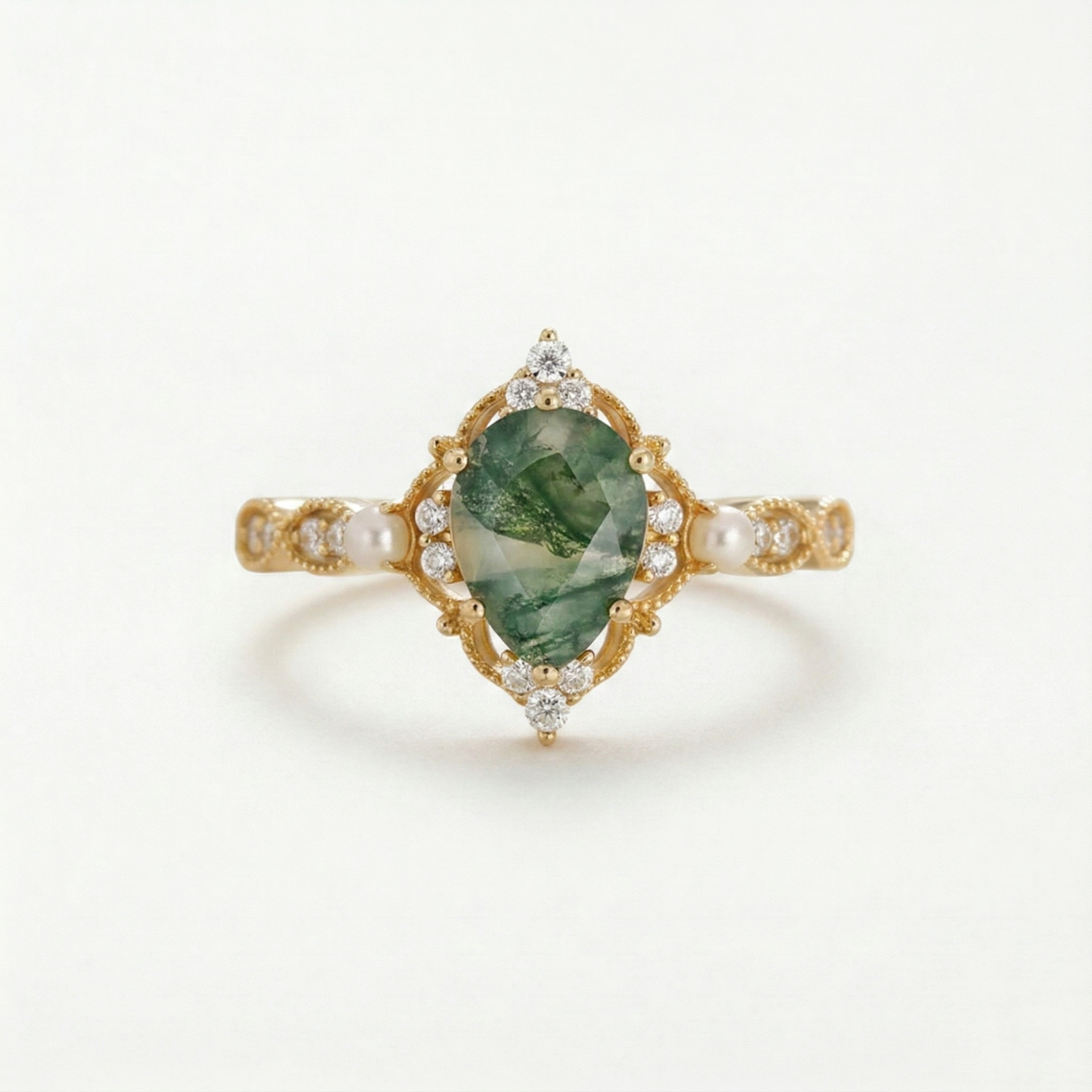 Vintage Birnenschliff Moosachat Perlenring