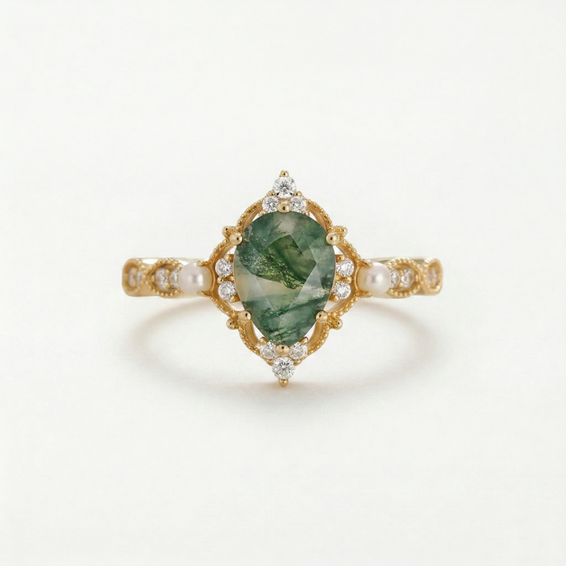 Vintage Birnenschliff Moosachat Perlenring