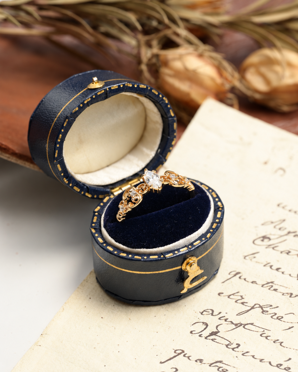Vintage Marquise Moissanite Floral Scroll Ring