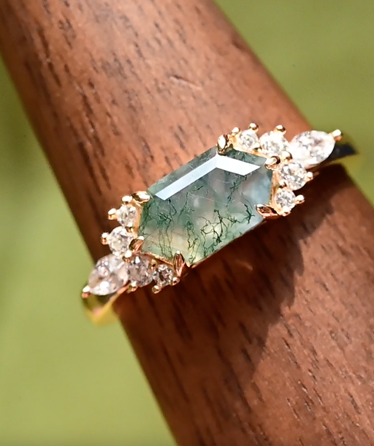 Verdant Hex Moss Agate Ring