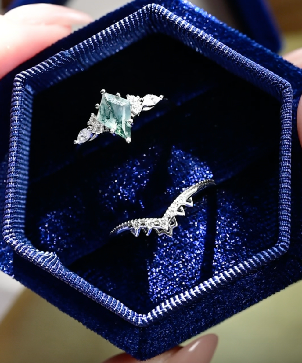 Moss Agate Crown Ring Set