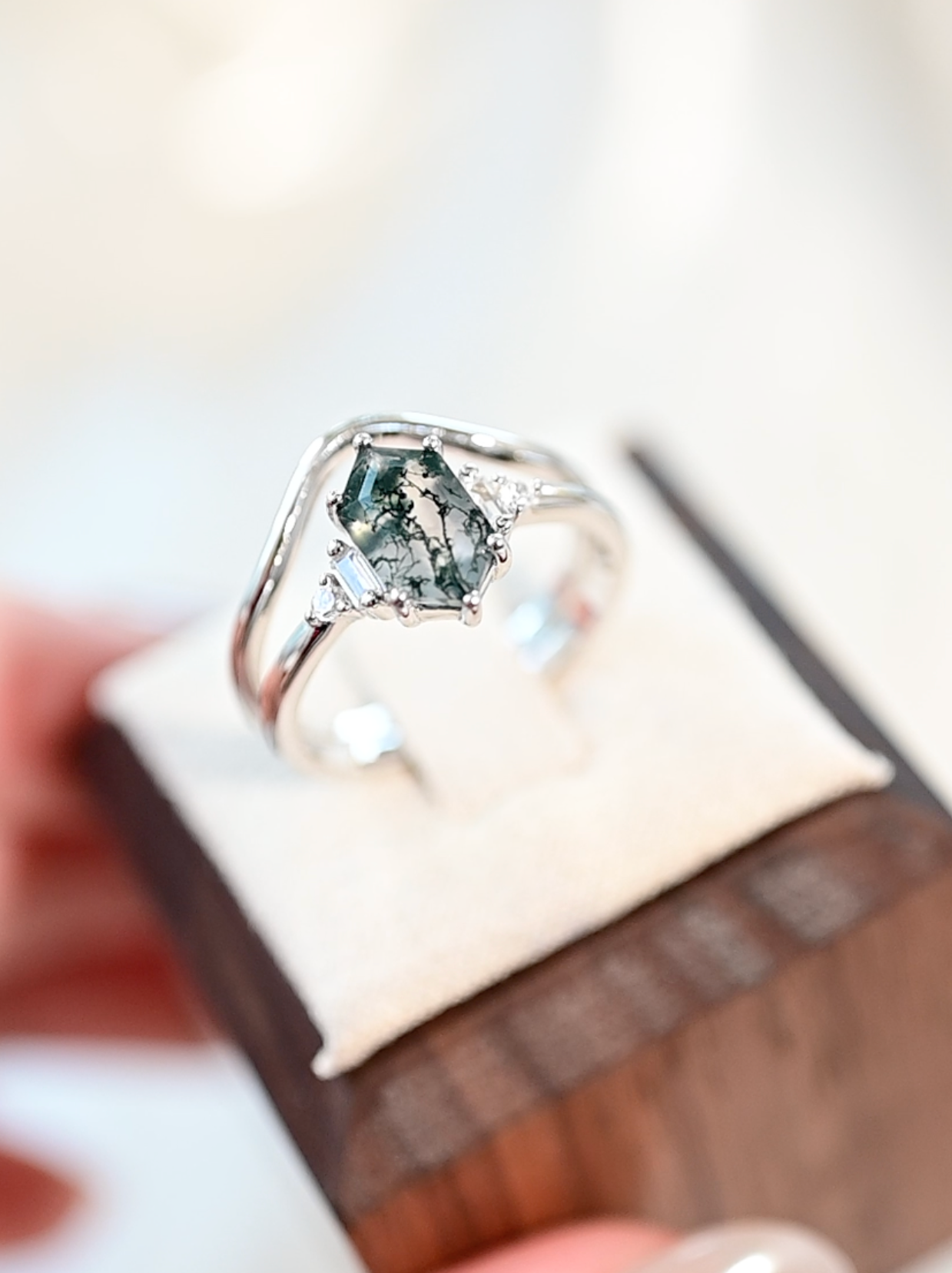 Geometric Minimalist Hexagon Cut Moss Agate Ring Set