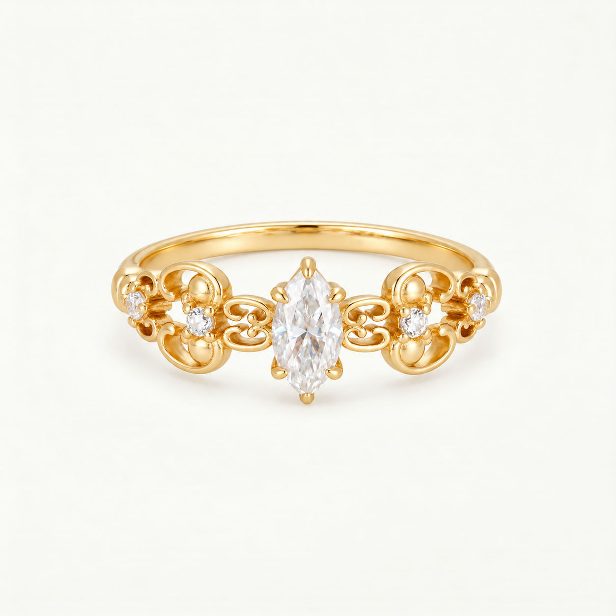 Vintage Marquise Moissanite Floral Scroll Ring