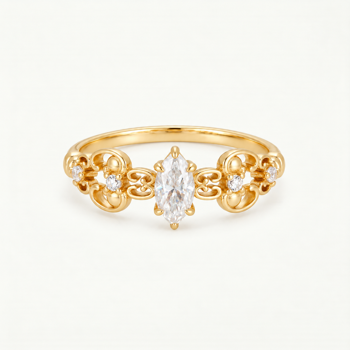 Vintage Marquise Moissanite Floral Scroll Ring