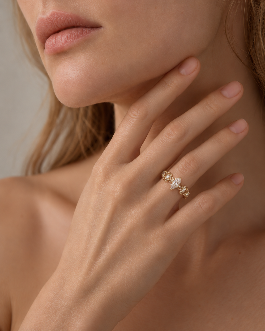 Vintage Marquise Moissanite Floral Scroll Ring