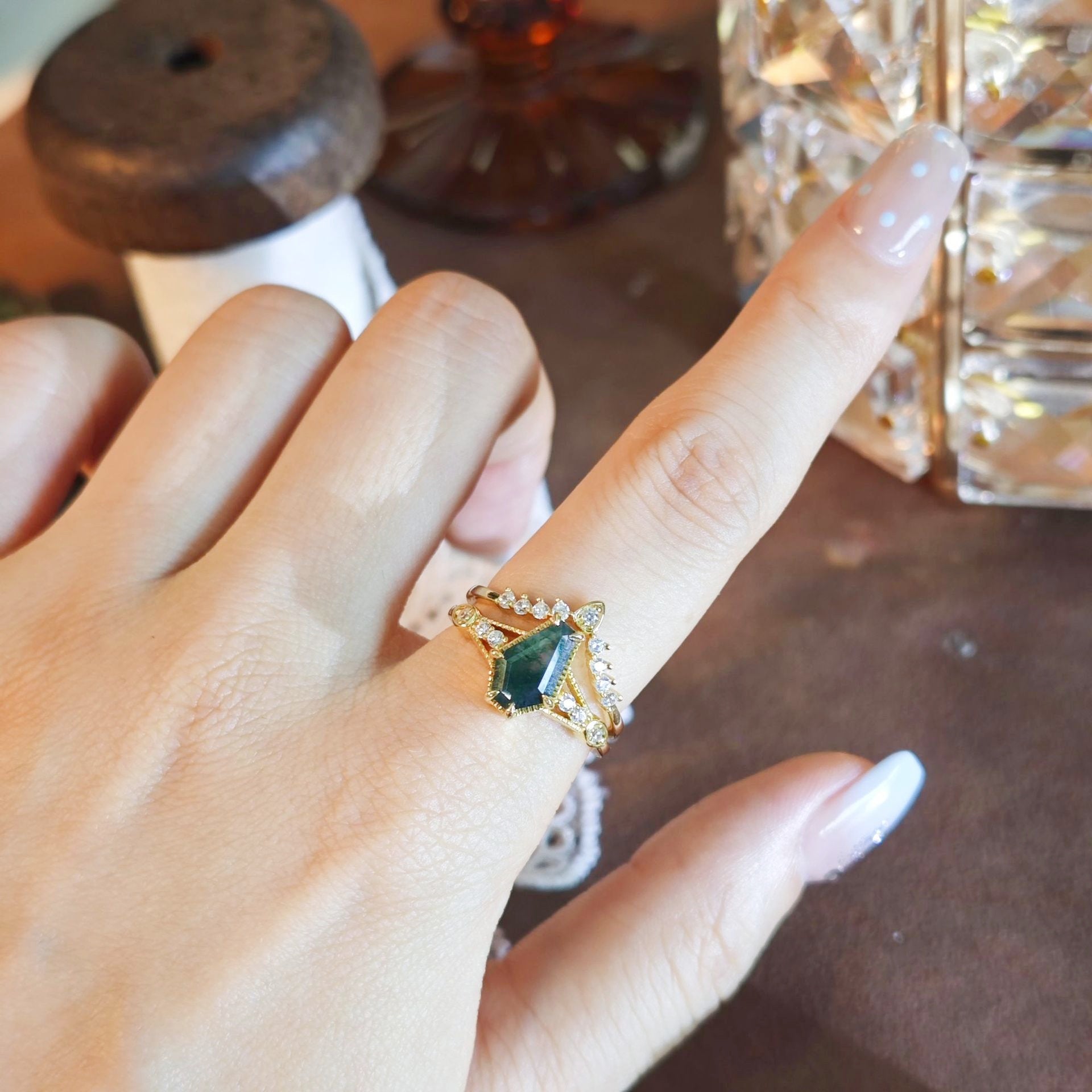 Coffin Cut Moss Agate Stacking Ring Set