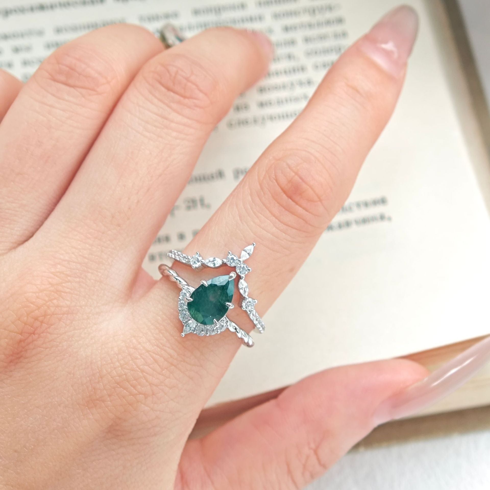 Pear Cut Moss Agate Stacking Ring Set